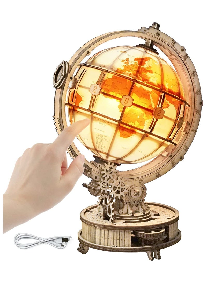 3D Wooden Globe Puzzle for Adults-LED Illuminated Wood Block Puzzle-Model Building Kit-Gift for Birthday/Father's Day - Image 1